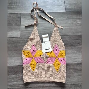 Sandro Paris Beige Crochet Halter Top with Pink & Yellow Star Panels 0